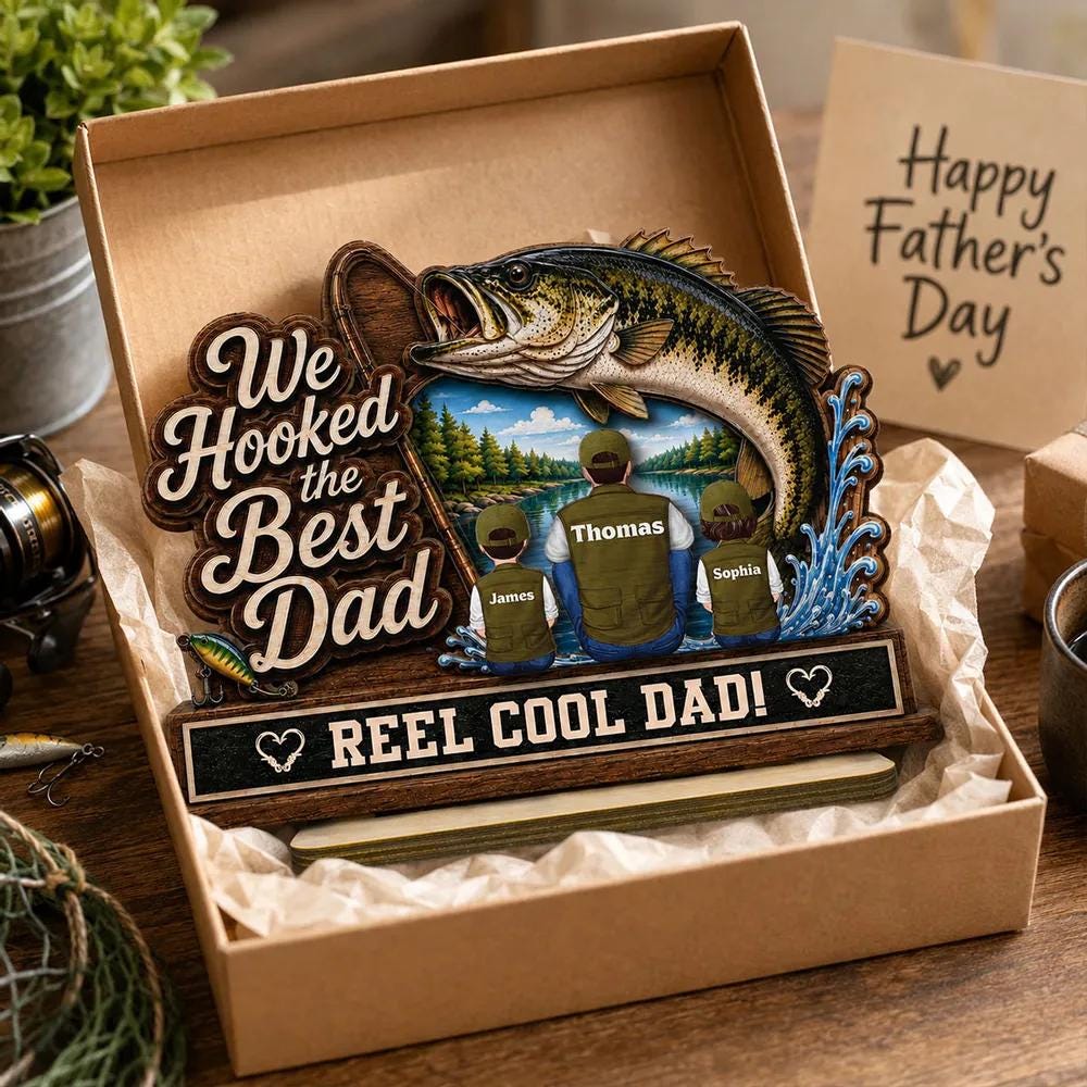 Personalized Fishing Dad Wood Sign, Custom Family Portrait, Reel Dad Plaque
