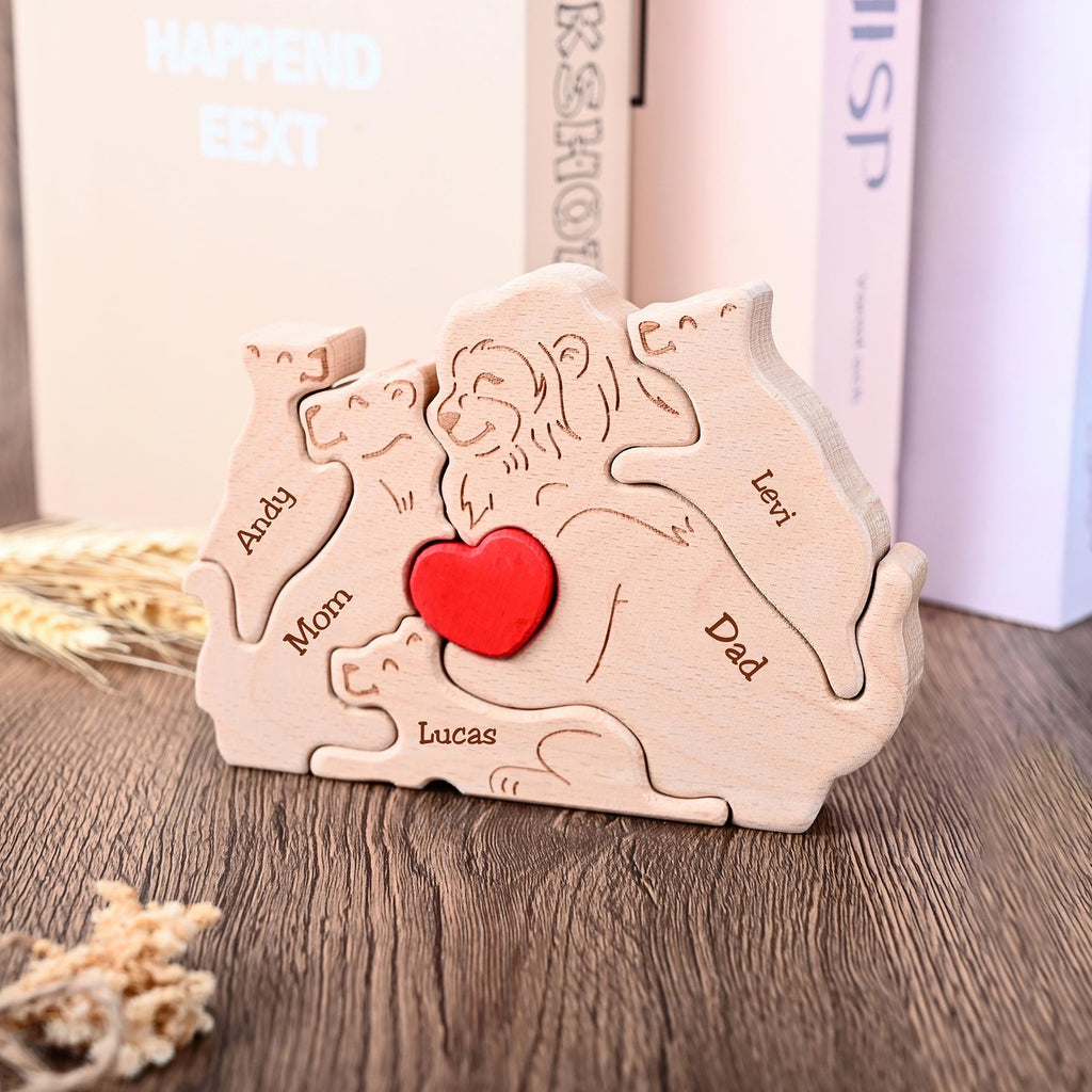 Wooden Lion Family Puzzle, Family Name Engraved Puzzle, Gift for New Parents, Lion Home Decor, Christmas Family Gift for Mom Dad Grandma