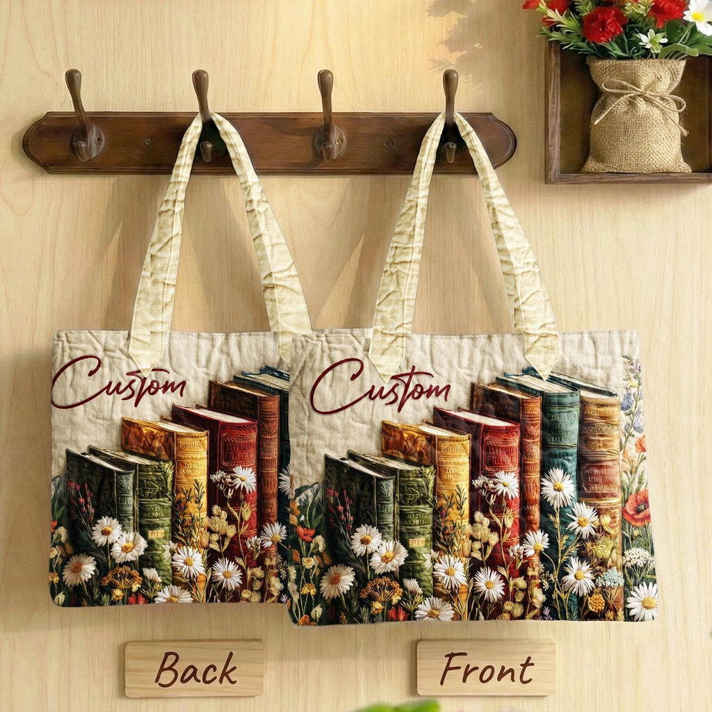 Floral Book Tote Bag, Book Stack Quilted Tote, Cottagecore Book Lover Bag, Vintage Floral Tote, Reading Lover Gift for Her