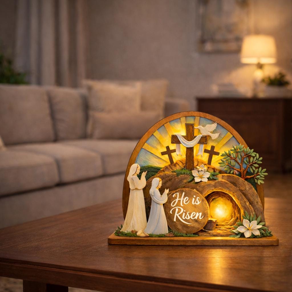 Easter Wooden Standing, He is Risen Decor, Empty Tomb Cross Scene, Christian Resurrection Display, Faith Tabletop Shelf Sign Gift
