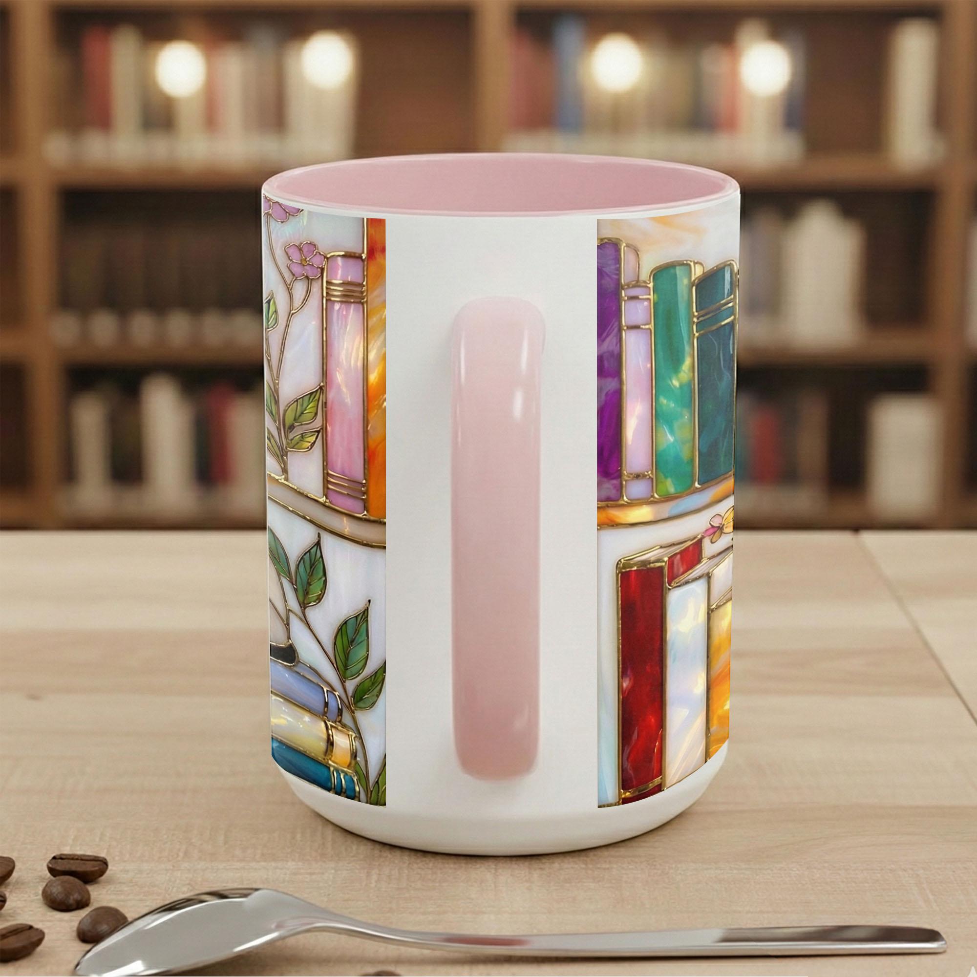 Stained Glass Book Lover Mug Floral With Cat Cottagecore Bookshelf Design Colorful Reading Bookish Cup 15oz Ceramic, Handle Color Mug