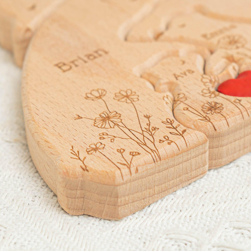 Hugging Bear Family Floral Version, Personalized Wooden Bear Family Puzzle, Wooden Animal Carvings, Family Home Decor, Personalized Wooden Family Puzzle, Custom Engraved Wood Family Gift