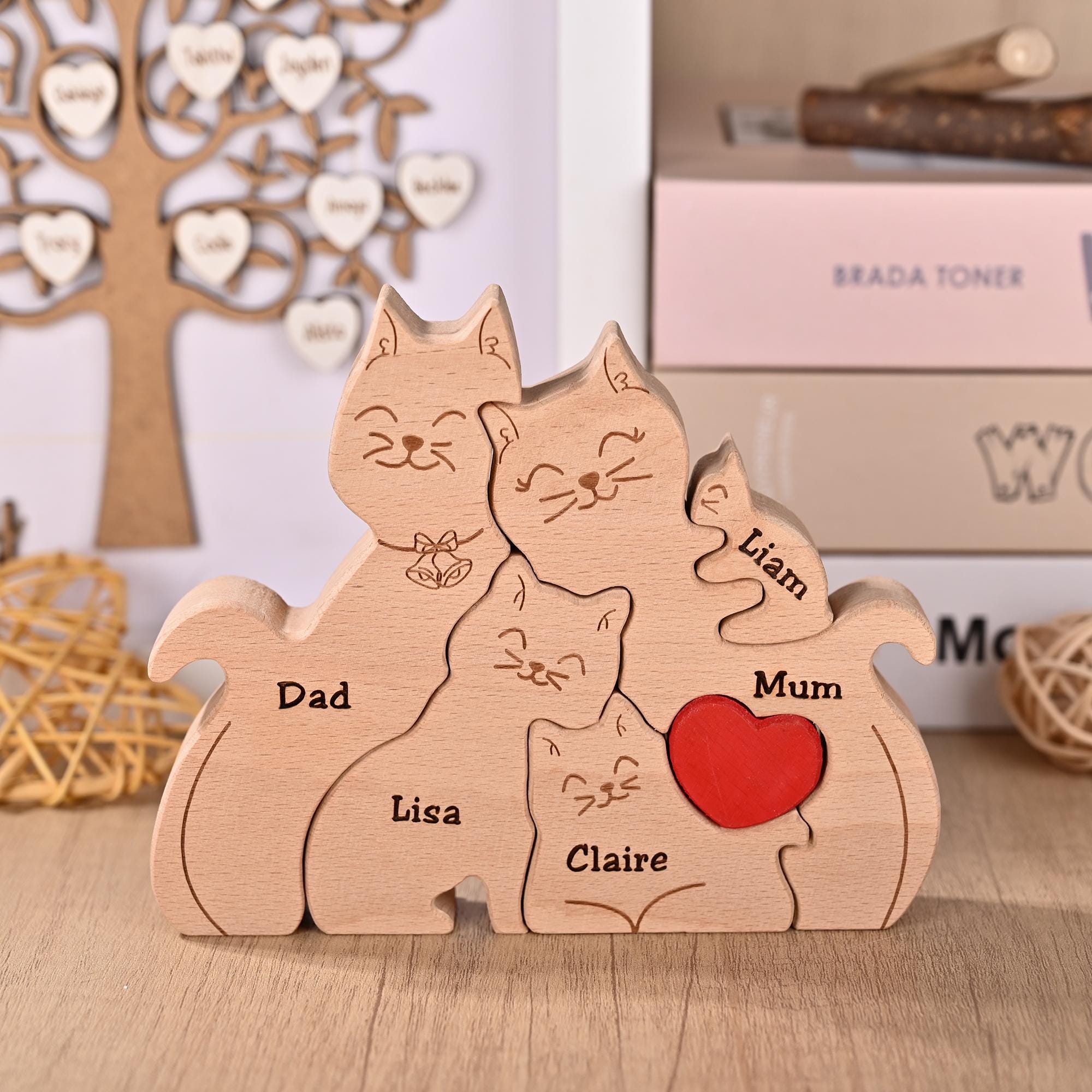 Personalized Cat Puzzle Jigsaw, Cat Wooden Ornament, Family Portrait With Cats, Mum and Dad Anniversary Gifts, Baby Christmas Presents