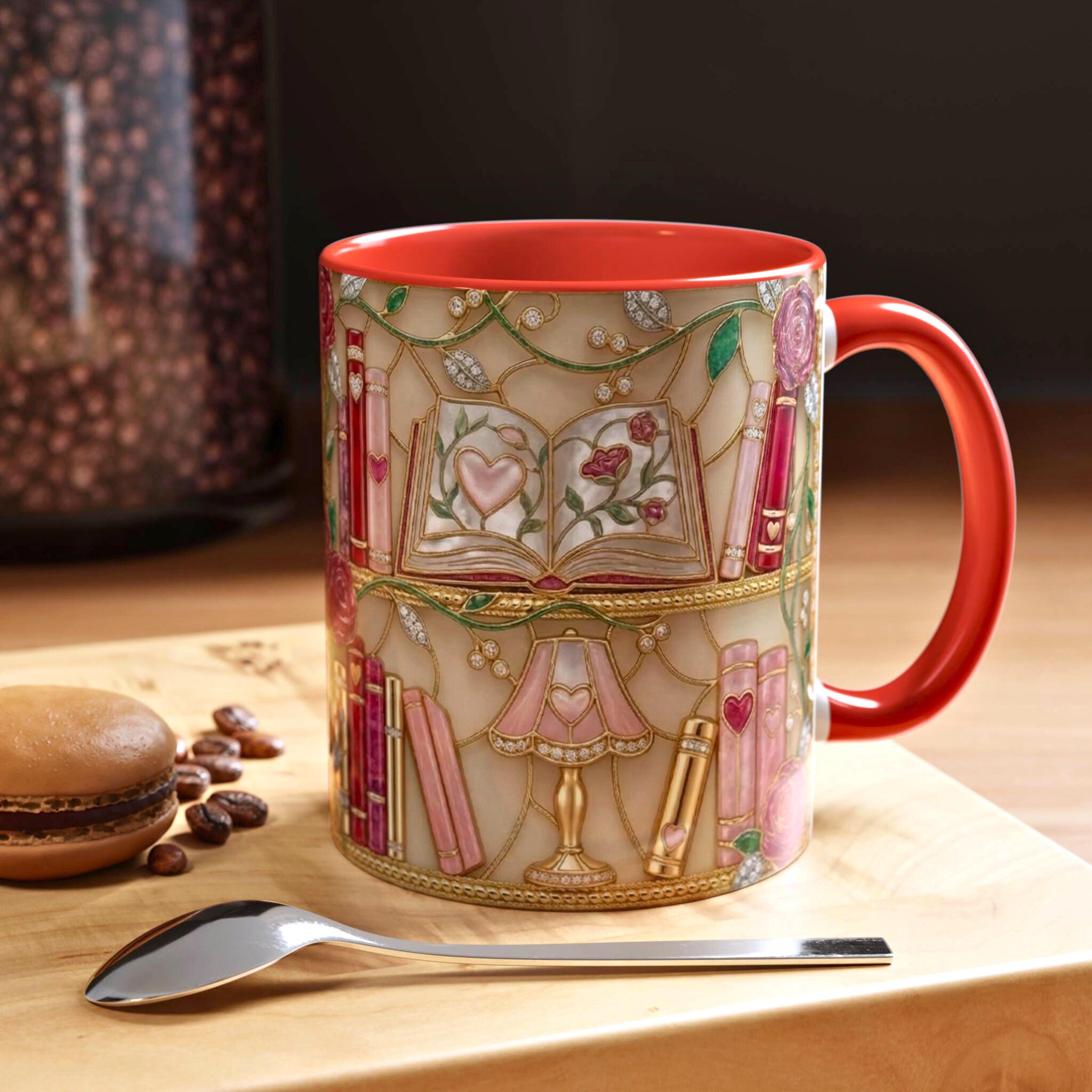 Stained Glass Book Lover Mug, Bookish Floral Coffee Mug, Vintage Bookshelf Art Mug, Reader Gift Mug