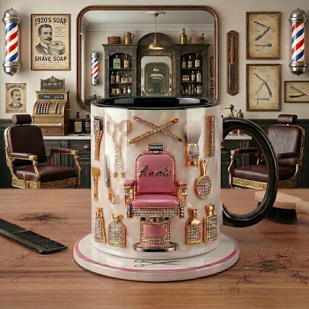 Custom Name Hairstylist Mug, Faux 3D Barber Chair Accent Drinkware, Personalized Salon Coffee Cup, Hairdresser Gift
