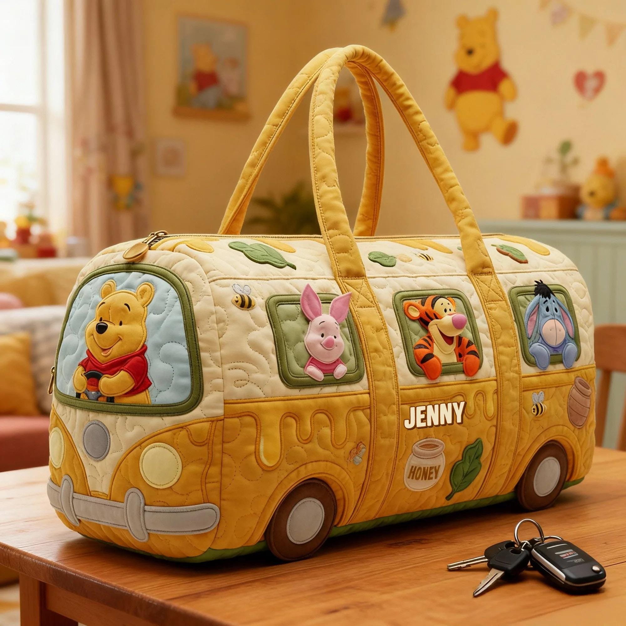 Quilted Bear Friends Bus Duffle Bag – Yellow Honey Travel Weekender Tote, Cute Cartoon Diaper Bag, Baby Shower Gift