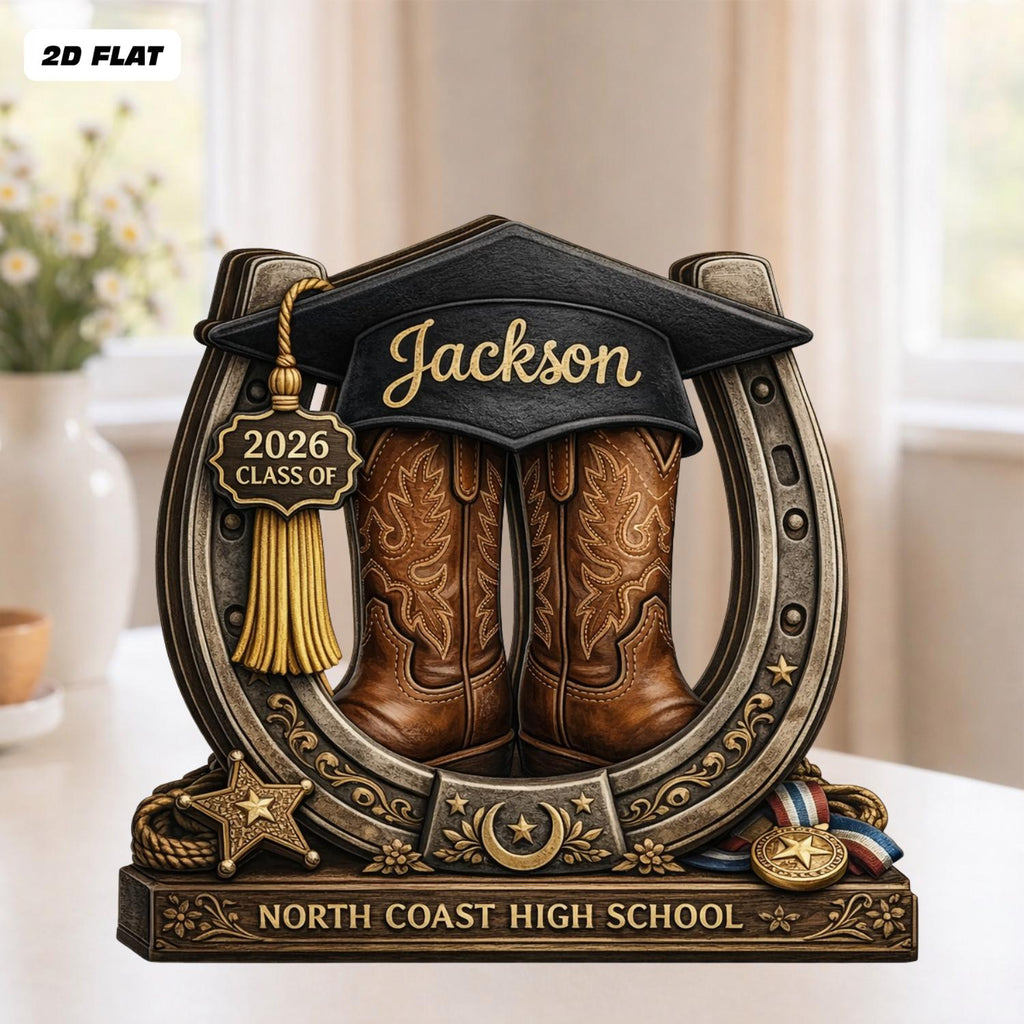 Personalized Graduation Wooden Block, Cowboy Boots Class of 2026 Gift, Custom Name Senior Keepsake, Western Graduation Decor, Wooden Sign