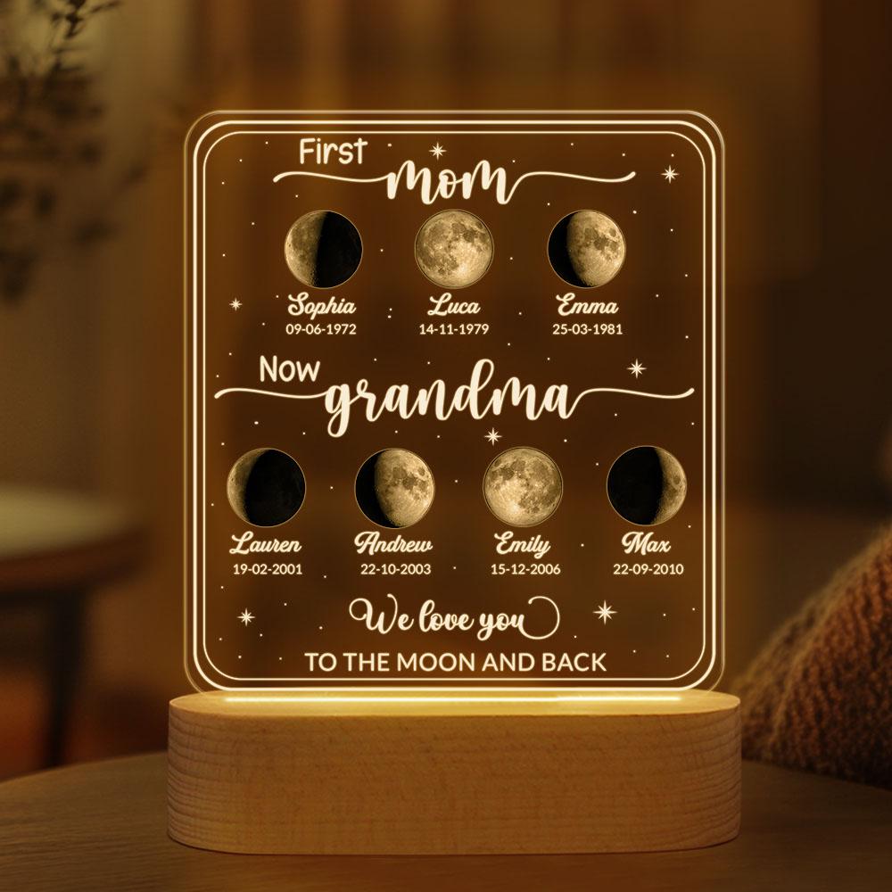 Personalized Moons Phase With Kids Names Night Light, Custom First Mom Now Grandma, Mother’s Day Present for Mom, the Day You Were Born Gift