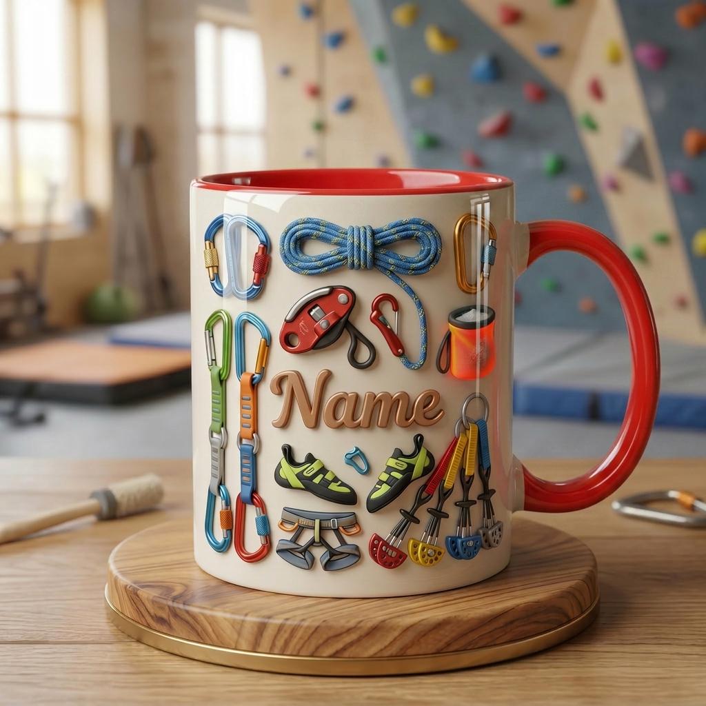 Custom Name Rock Climbing Mug, 3D Faux Climbing Coffee Cup, Personalized Climber Gift, Mountain Adventure Mug