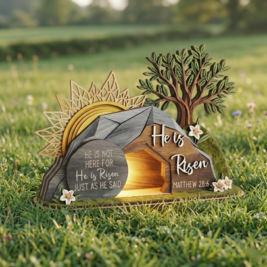 He is Risen Easte Wooden Block, Christian Resurrection Table Sign, Religious Home Decor Gift, Empty Tomb Cross Wood Shelf, Religious Home Decor Gift