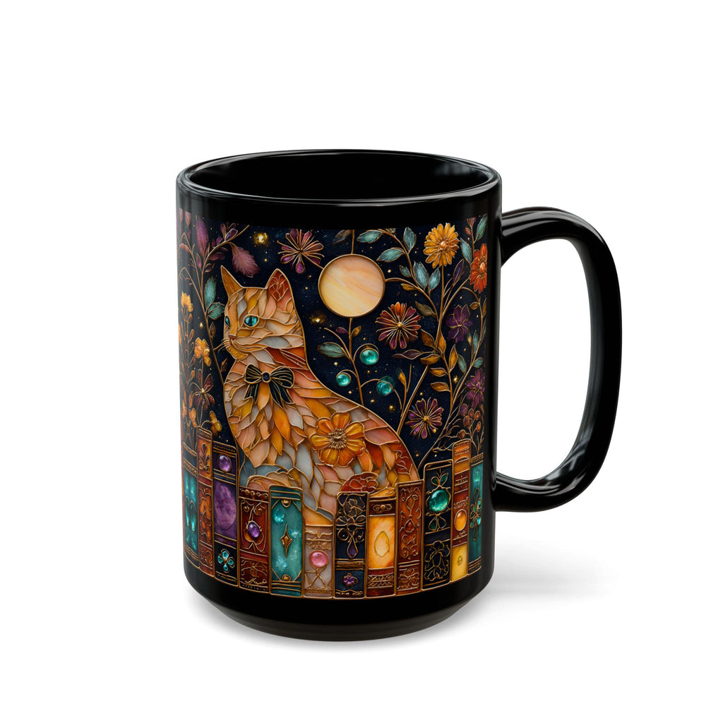 Vintage Faux Stained Glass Cat Mug, Book Lover Gift Reading Coffee Cup, Premium Ceramic Mug, Everyday Use & Gift Idea