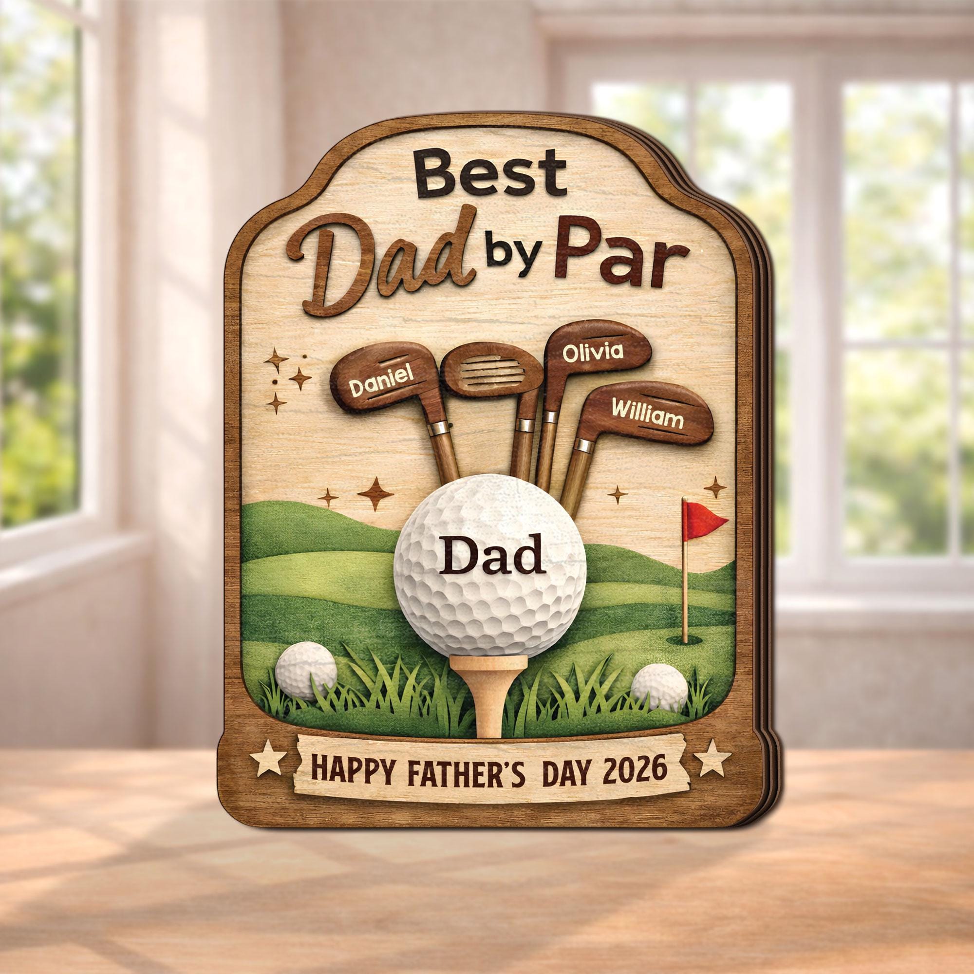 Best Dad by Par Wooden Block, Personalized Golf Dad Gift, Fathers Day Gift From Kids, Custom Name Golf Father Decor, Dad Desk Wooden Plaque