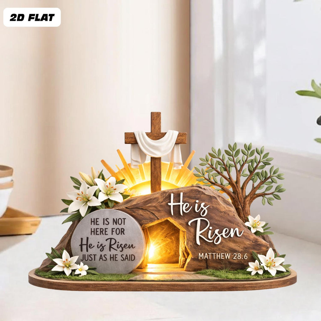 He is Risen Easter 2D FLAT Wooden Block, Christian Resurrection Table Sign, Religious Home Decor Gift, Easter Empty Tomb Cross Wood Shelf