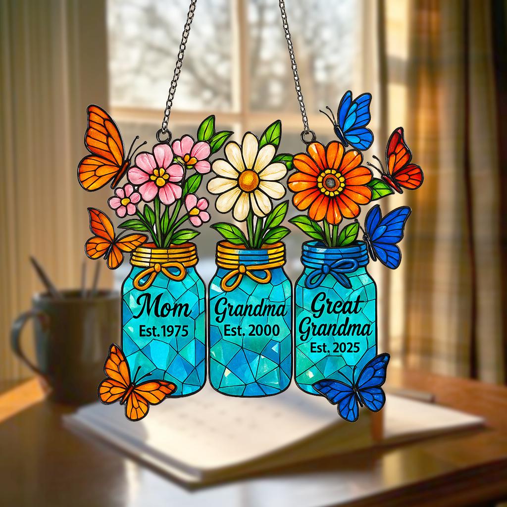 Generations Floral Jar Hologram Ornament _ Mom Grandma Great Grandma Gift _ Mother's Day Window Decor _ Family Legacy Keepsake, Gift for Her