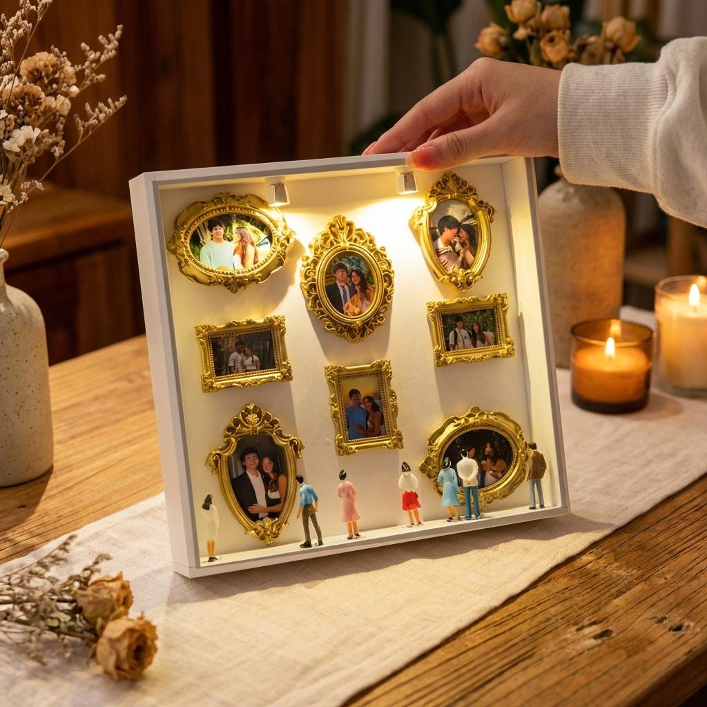 DIY Mini Museum Silhouette Box, LED Lighted Photo Shadow Box, Gold Vintage Frames with Mini Figurines, Personalized Memory Display Box,