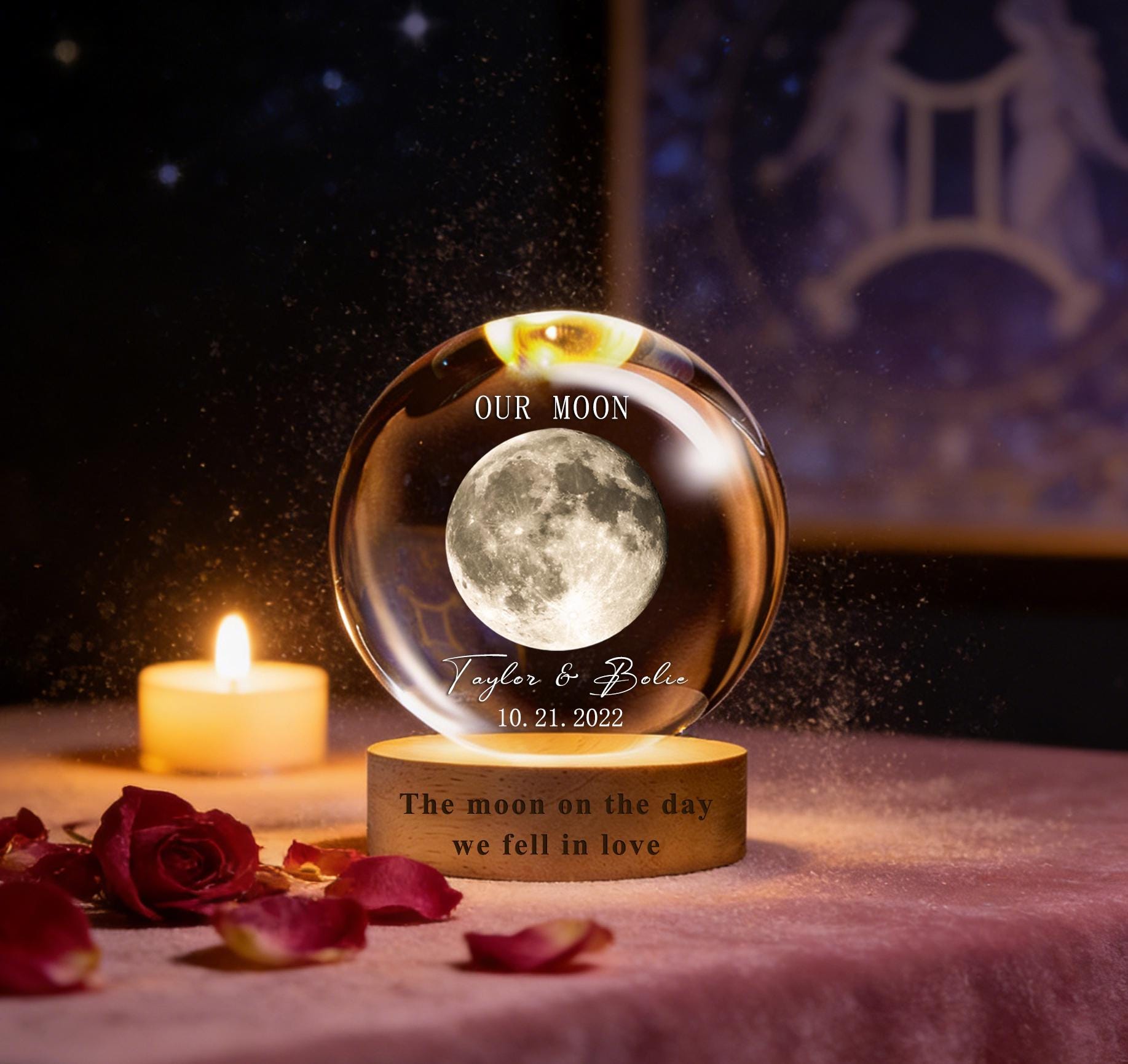 Our Moon Special Day Custom Moon Phase, Personalized Crystal Ball LED Night Light, Valentine's Day Gift for Couple, Husband, Boyfriend, Wife