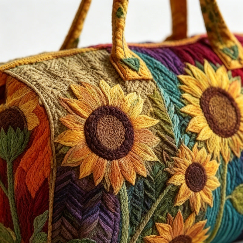 Women Van Sunflower Rainbow Quilted Look Duffle Bag, Large Capacity Travel Weekender Bag, Flat Printed Overnight Handbag