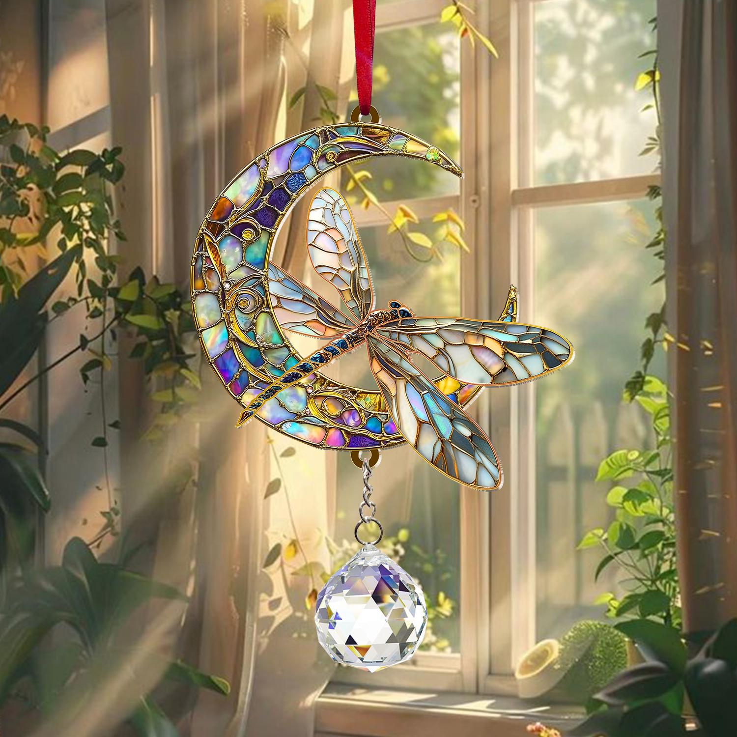 Dragonfly Suncatcher Crystal Prism, Acrylic Moon Dragonfly Hanging Sign, Window Art Decor, Nature Lover Gift, Home Accent