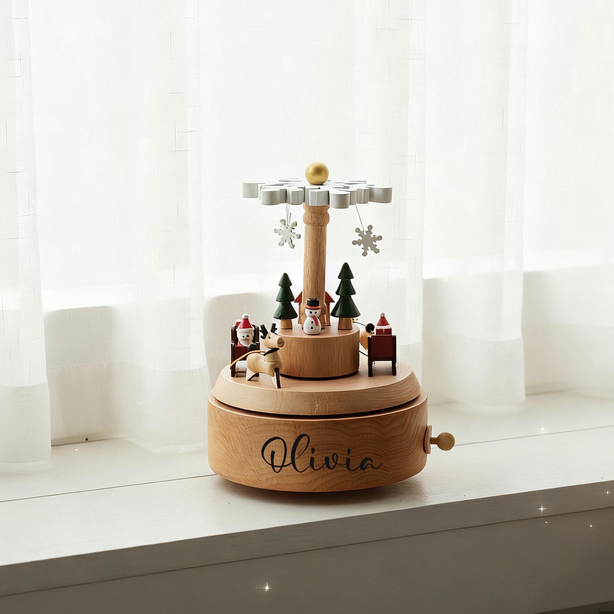 Christmas Wooden Carousel Baby Name Music Box – Personalized Newborn Xmas Keepsake Gift