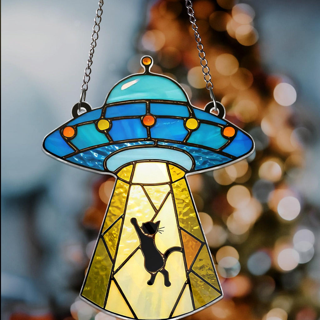 Cat Ufo Encounter ACRYLIC Window Hanging, Cat Inspire Art Custom Acrylic Cat Gifts Cat Memorial Gifts Cat Lovers NOT GLASS