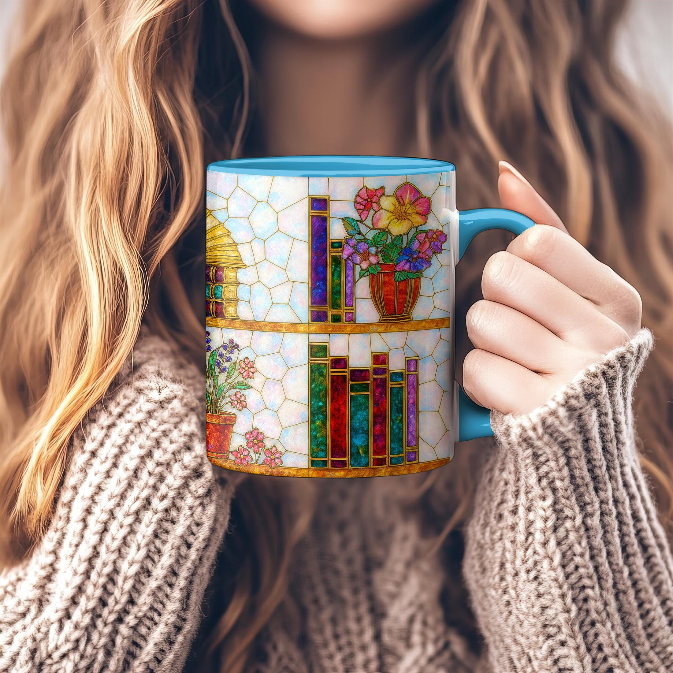 Book Lover Coffee Mug_ Stained Glass Bookshelf - Floral, Opal and Gemstone Style, Bookish Gift for Readers, Dark Academia Mug, Floral Bookshelf Cup, Cute Character Mug – Fun Design for Daily Use =
