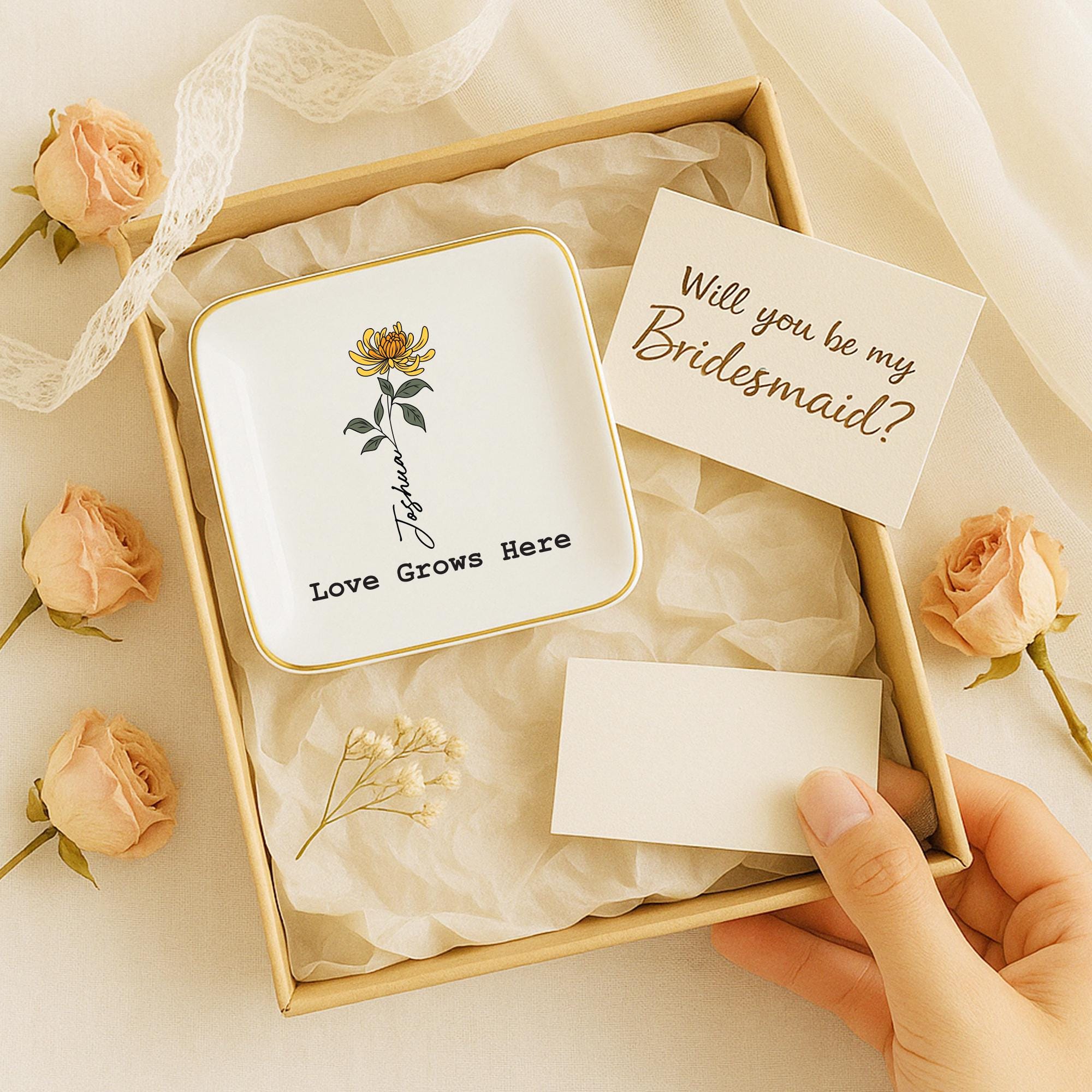 Personalized Birth Flower Ceramic Jewelry Dish_ Custom Trinket Gift - Etsy,ring Holder Dish,wedding Bridesmaid Gift