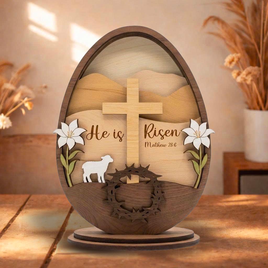 He is Risen Empty Tomb Wooden Block, Christian Easter Decor, He is Risen Wooden Easter Decor, 3D Layered Cross & Lily Sign, Matthew 28_6 Scripture Tabletop Plaque, Christian Gift