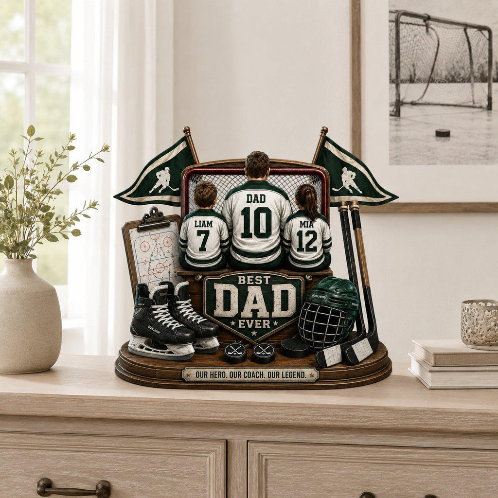 Personalized Hockey Best Dad Ever Wooden Block, Hockey Family Keepsake, Fathers Day Decor, Hockey Dad and Son Plaque, Hockey Players Gift