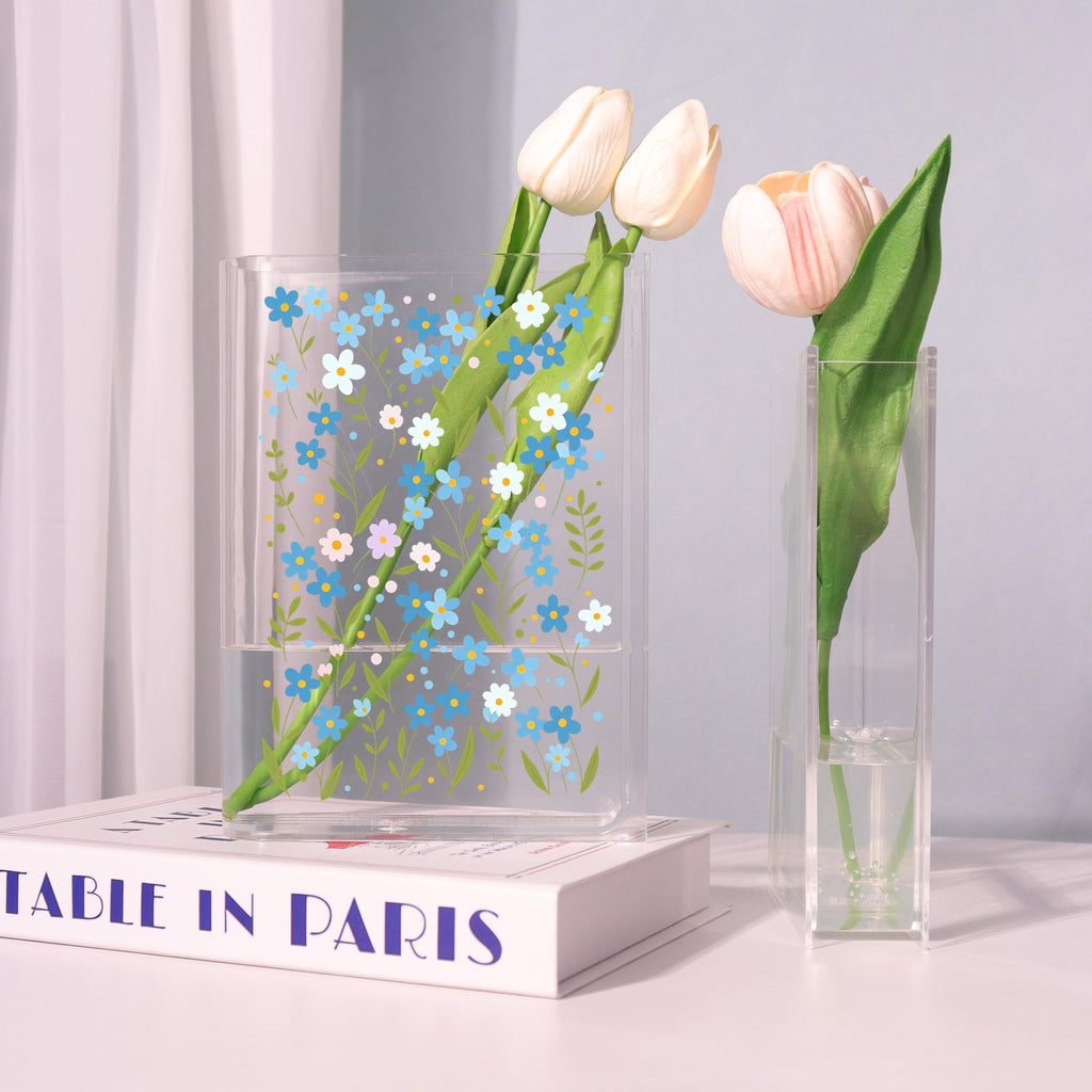 Blue Daisy Acrylic Book Vase, Wildflower Pattern Bookish Vase, Cottagecore Book Shaped Vase, Minimalist Flowers,custom Gift for Flower Lover