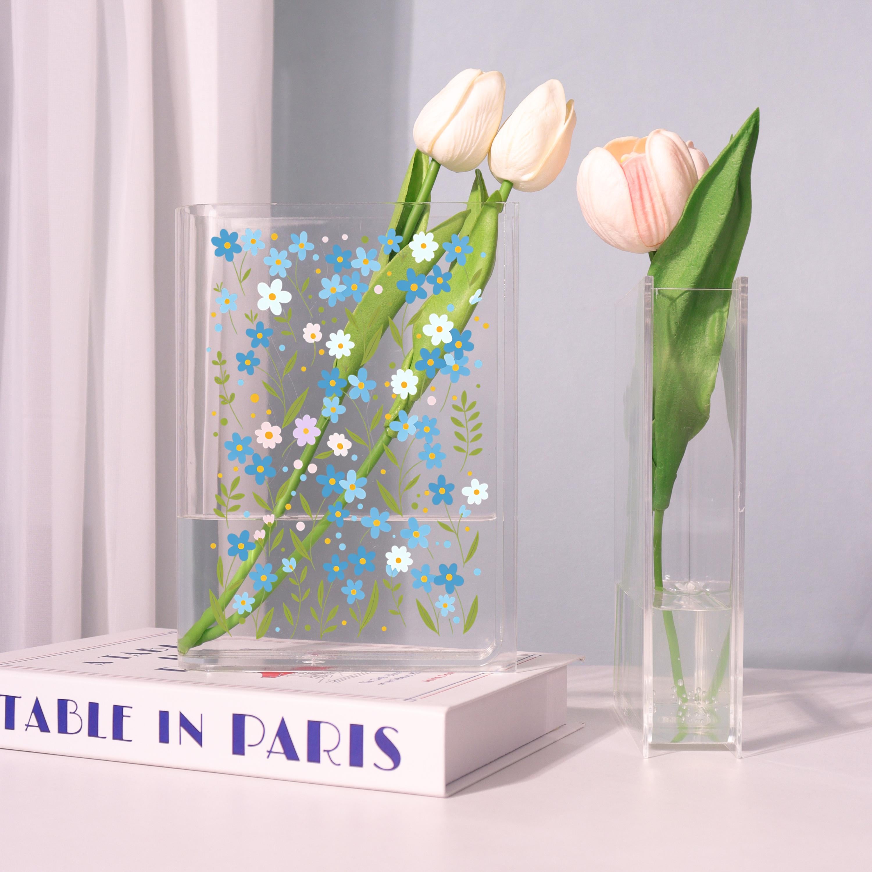 Blue Daisy Acrylic Book Vase, Wildflower Pattern Bookish Vase, Cottagecore Book Shaped Vase, Minimalist Flowers,custom Gift for Flower Lover