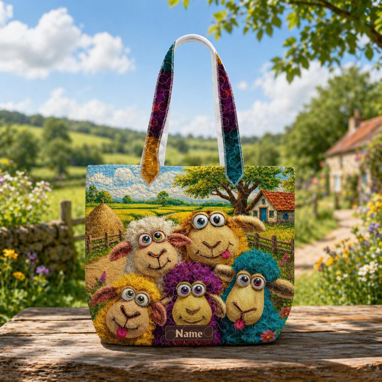 Quilted Sheep Tote Bag, Colorful Illustration Padded Shoulder Bag, Animal Lover Gift , Tote Bag Gift for Women