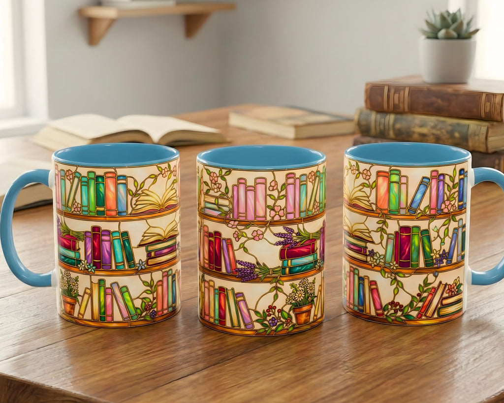 Stained Glass Floral Bookshelf Mug, Colorful Bookish Reader Coffee Cup, Book Lover Gift, Gift for Booktoker, Cozy Reading Nook Decor