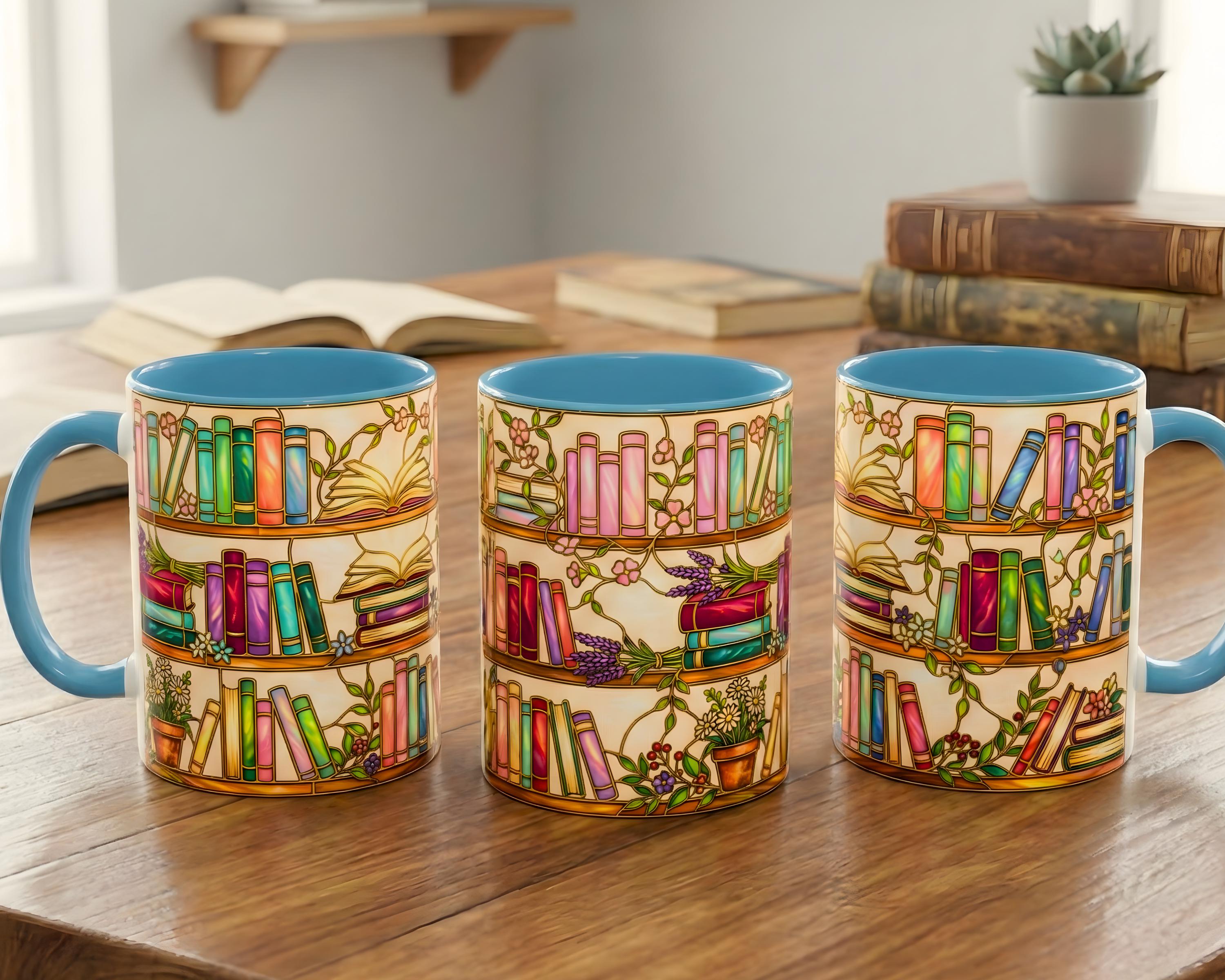 Stained Glass Floral Bookshelf Mug, Colorful Bookish Reader Coffee Cup, Book Lover Gift, Gift for Booktoker, Cozy Reading Nook Decor
