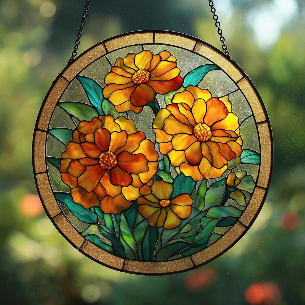 October Birth Flower Marigold Suncatcher – Stained Glass Window Hanging, Floral Home Decor, Sun Catcher Door Ornament, Gift for Her