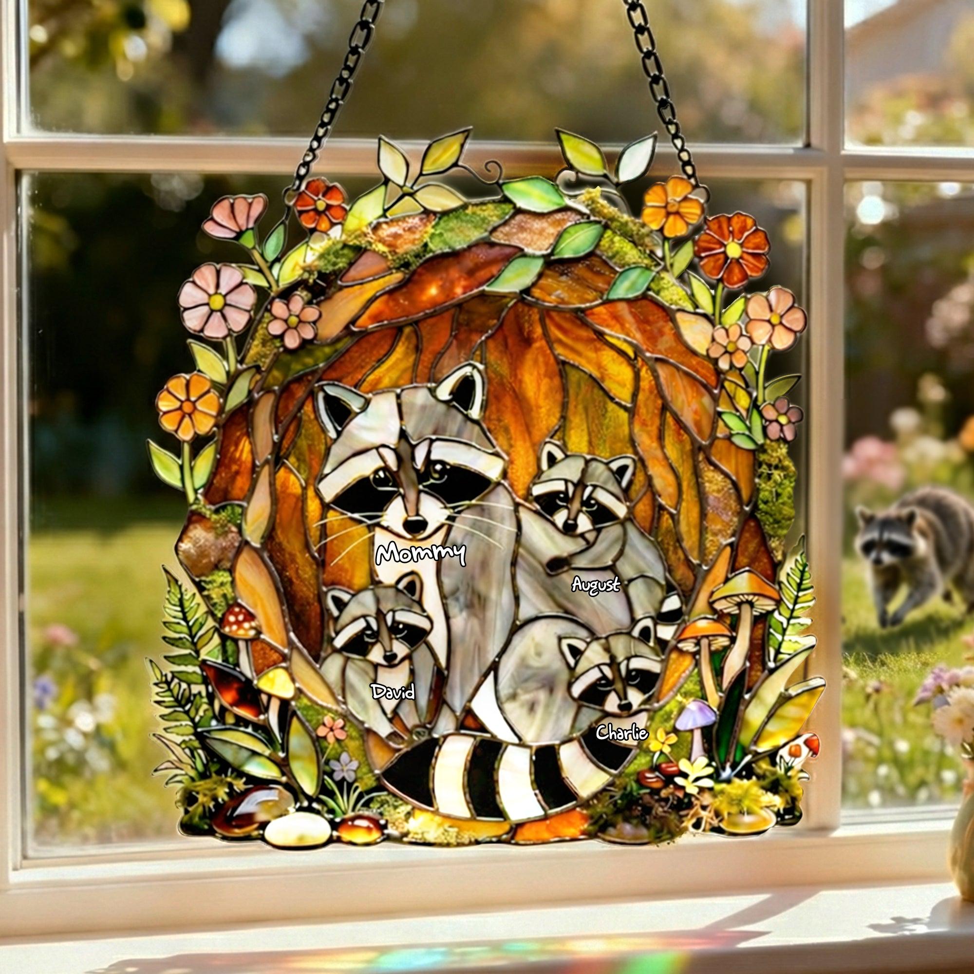 Personalized Raccoon Mom Acrylic Suncatcher, Custom Name Mommy and Kids Hanging Suncatcher, Mother's Day Window Decor, Gift for Mom