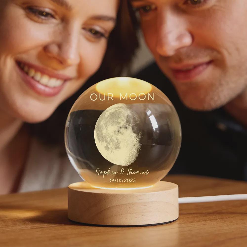Personalized Moon Phase Crystal Ball Lamp, Custom Anniversary Night Light, Couple Anniversary Gift, Customizable with your names or special date, USB powered with 4 lighting modes