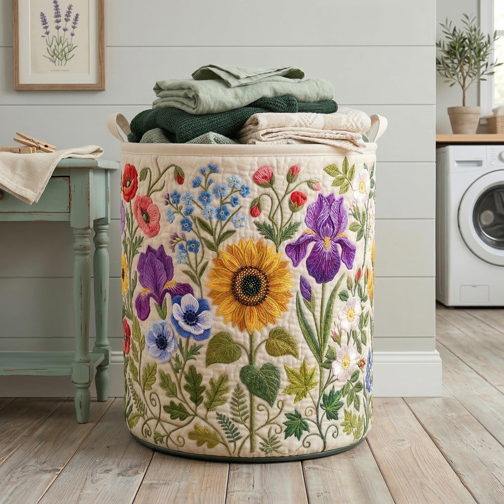 Quilted Floral Laundry Basket, Colorful Flower Hamper, Fabric Storage Bin, Cottagecore Home Decor, Nursery Laundry Organizer