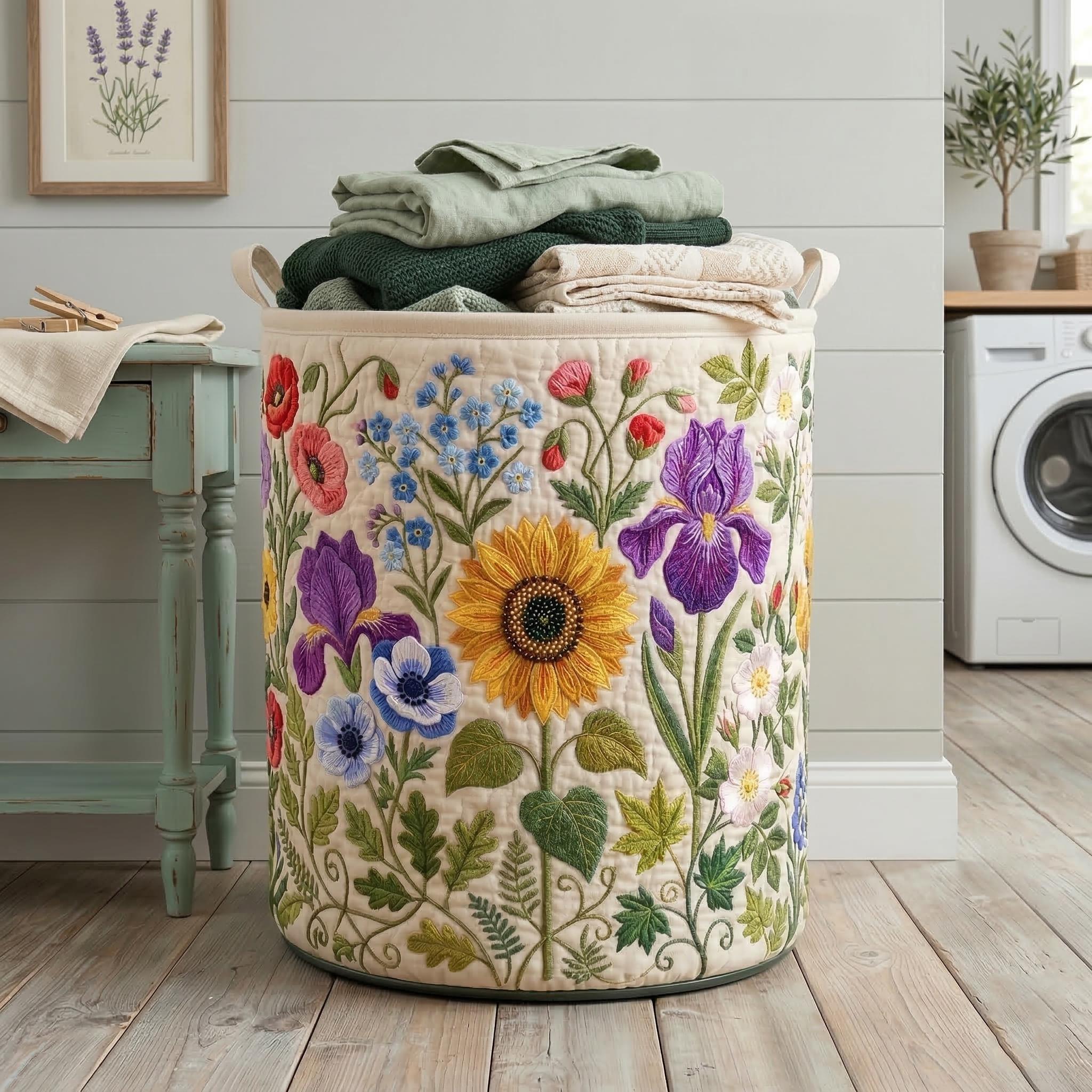 Quilted Floral Laundry Basket, Colorful Flower Hamper, Fabric Storage Bin, Cottagecore Home Decor, Nursery Laundry Organizer
