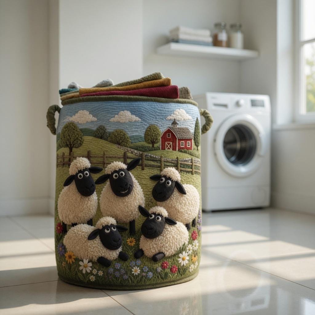 Cute Sheep Quilted Laundry Basket, Sheep Laundry Room Decor, Soft Fabric Hamper, Colorful Sheep Storage Bin, Gift for Mom, Gift for Her