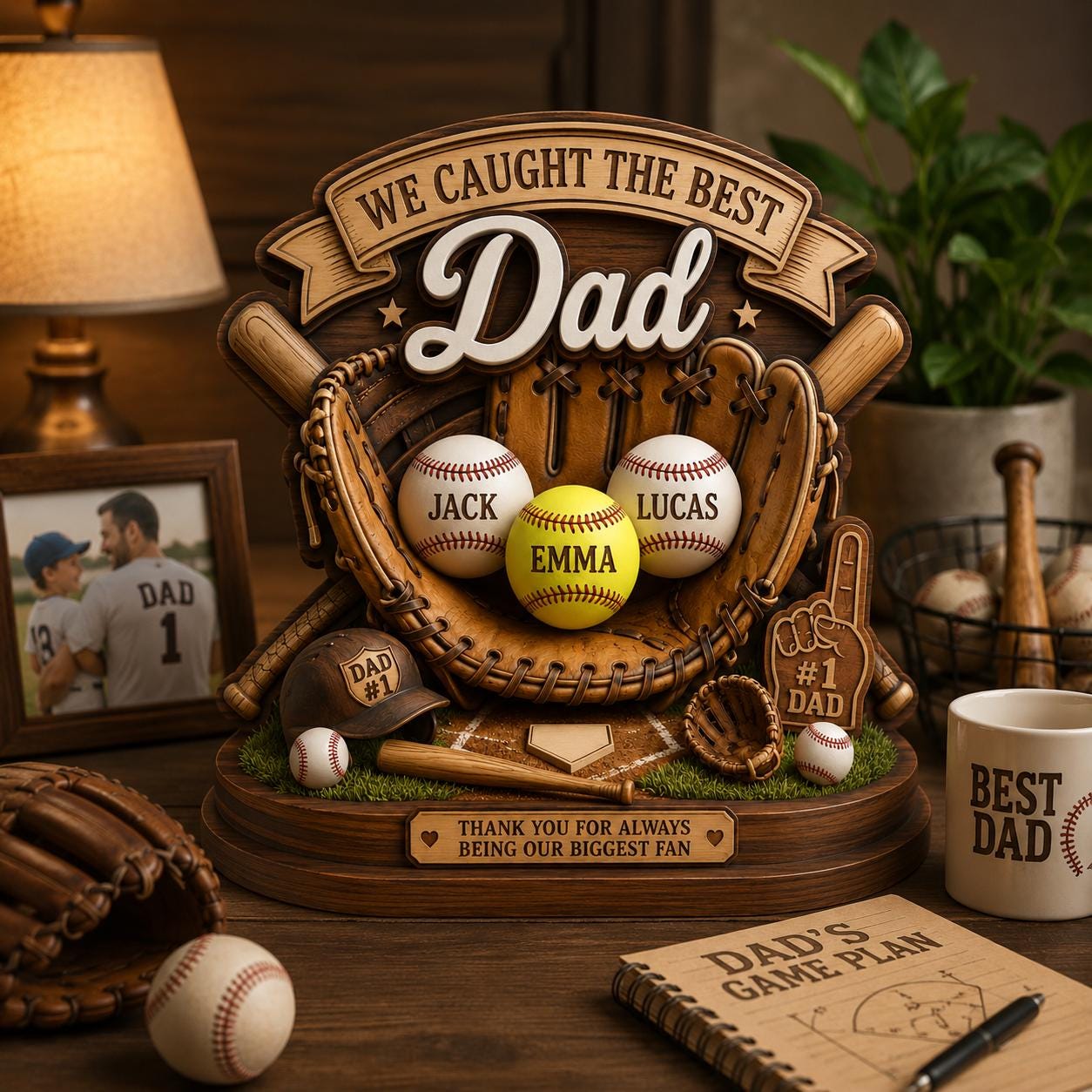 Personalized 2D Flat Baseball Wooden Plaque, I Caught the Best Dad Gift, Kids Name Baseball Softball Sign for Dad