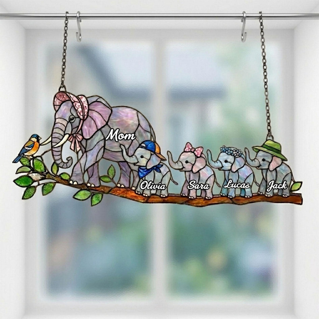 Personalized Elephant Glass Suncatcher, Custom Mama Elephant Window Hanging, Kids Names Glass Ornament, Mother’s Day Gift for Mom