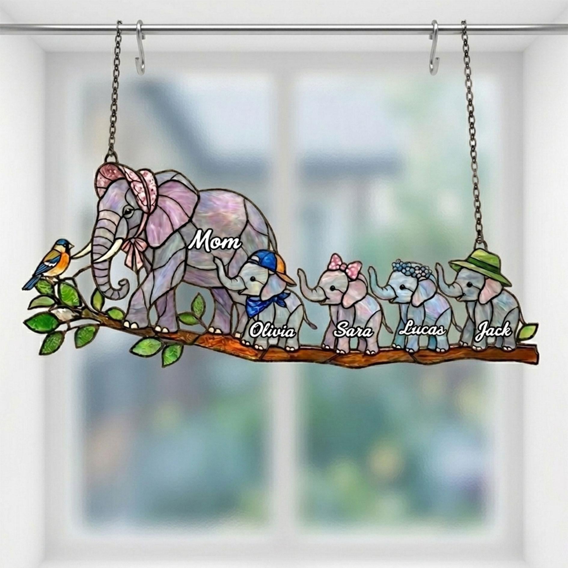 Personalized Elephant Glass Suncatcher, Custom Mama Elephant Window Hanging, Kids Names Glass Ornament, Mother’s Day Gift for Mom