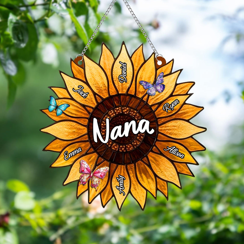 Personalized Sunflower Suncatcher for Nana Grandma, Stained Glass Window Hanging, Family Sunflower Mother's Day Gift, Birthday Gift for Mom