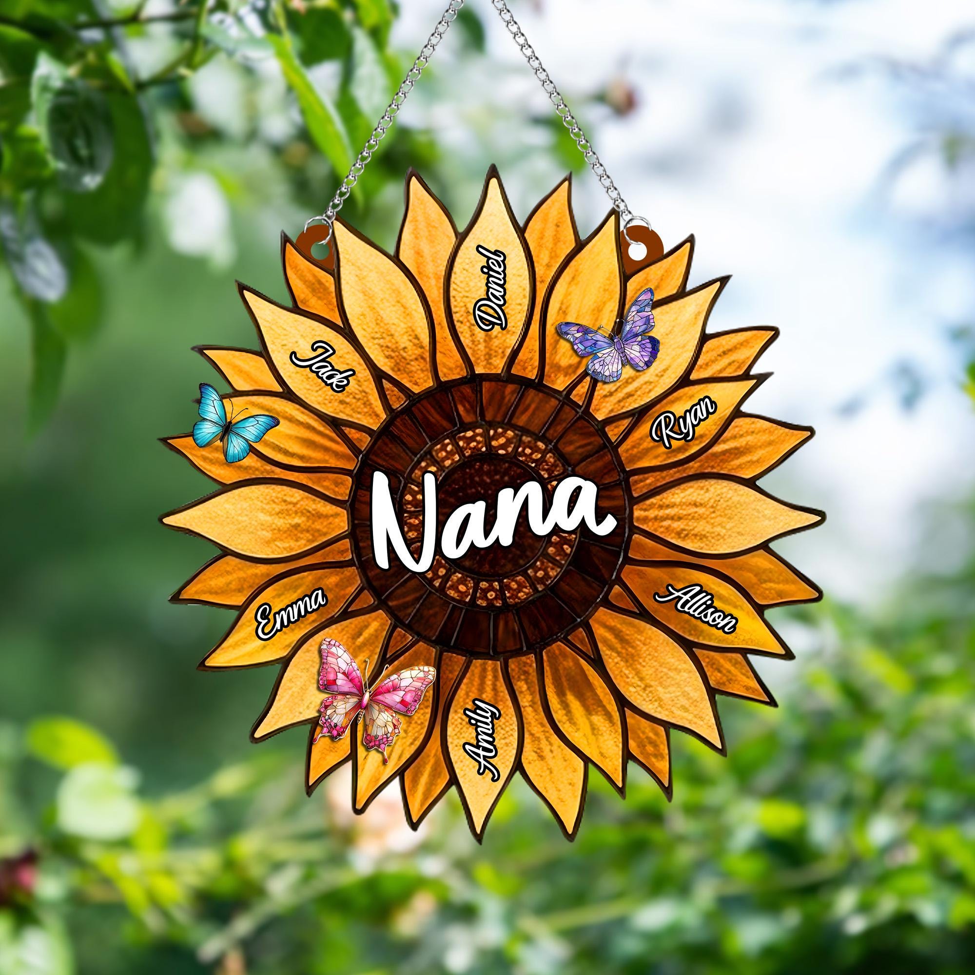 Personalized Sunflower Suncatcher for Nana Grandma, Stained Glass Window Hanging, Family Sunflower Mother's Day Gift, Birthday Gift for Mom