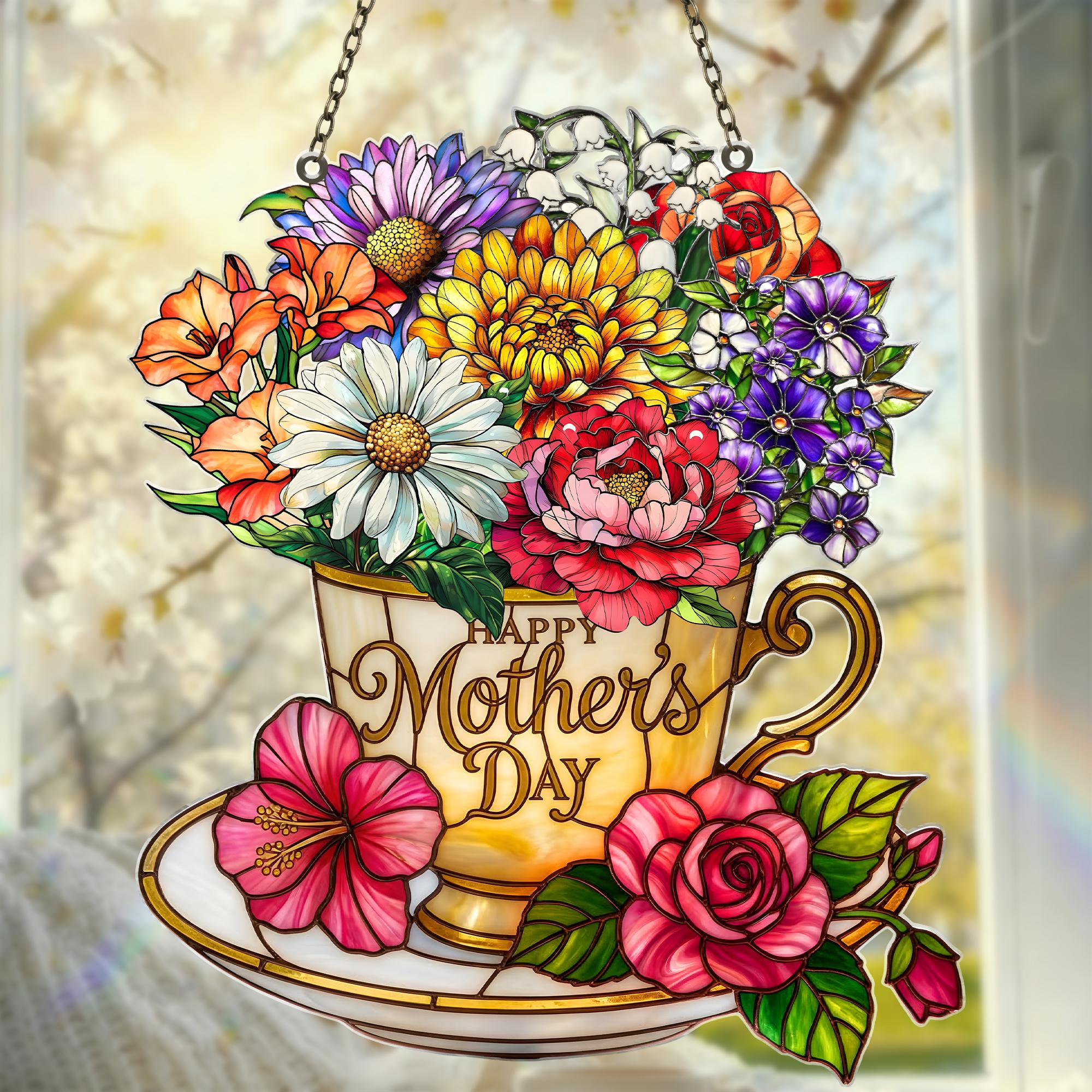 Custom Acrylic Suncatcher, Mother's Day Gift, Custom Flower Hanging Window Decor, Personalized Floral Acrylic Suncatcher, Mom Grandma Gift