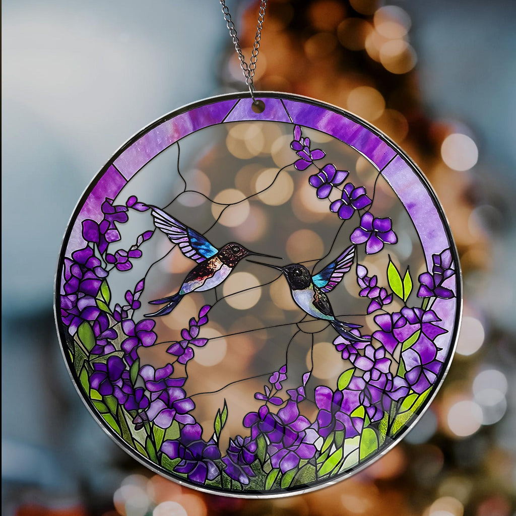 Hummingbirds Among Lavender Flowers ACRYLIC Window Hanging Hummingbird Stained Glass EFFECT Wall Art Gifts for Women Acrylic