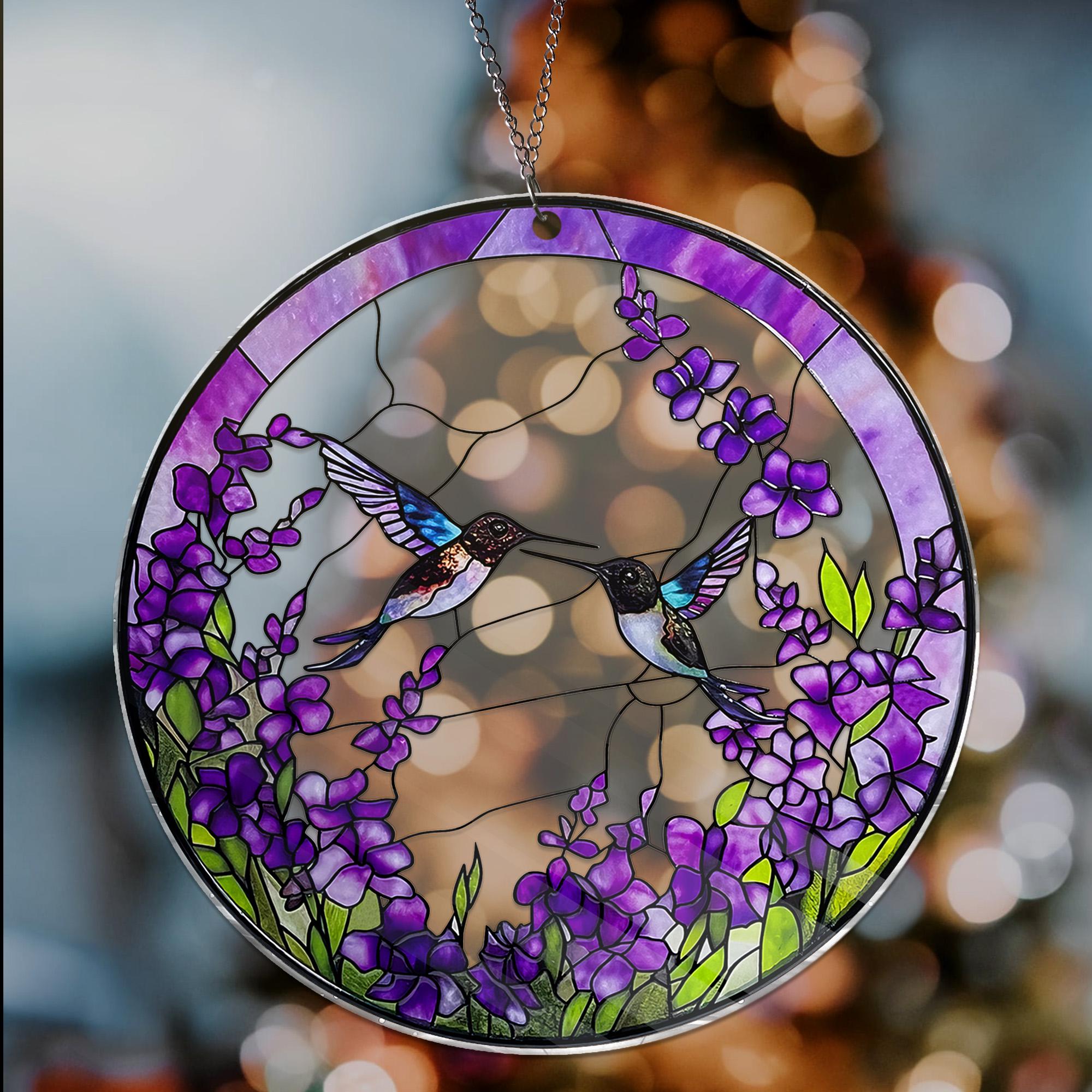 Hummingbirds Among Lavender Flowers ACRYLIC Window Hanging Hummingbird Stained Glass EFFECT Wall Art Gifts for Women Acrylic