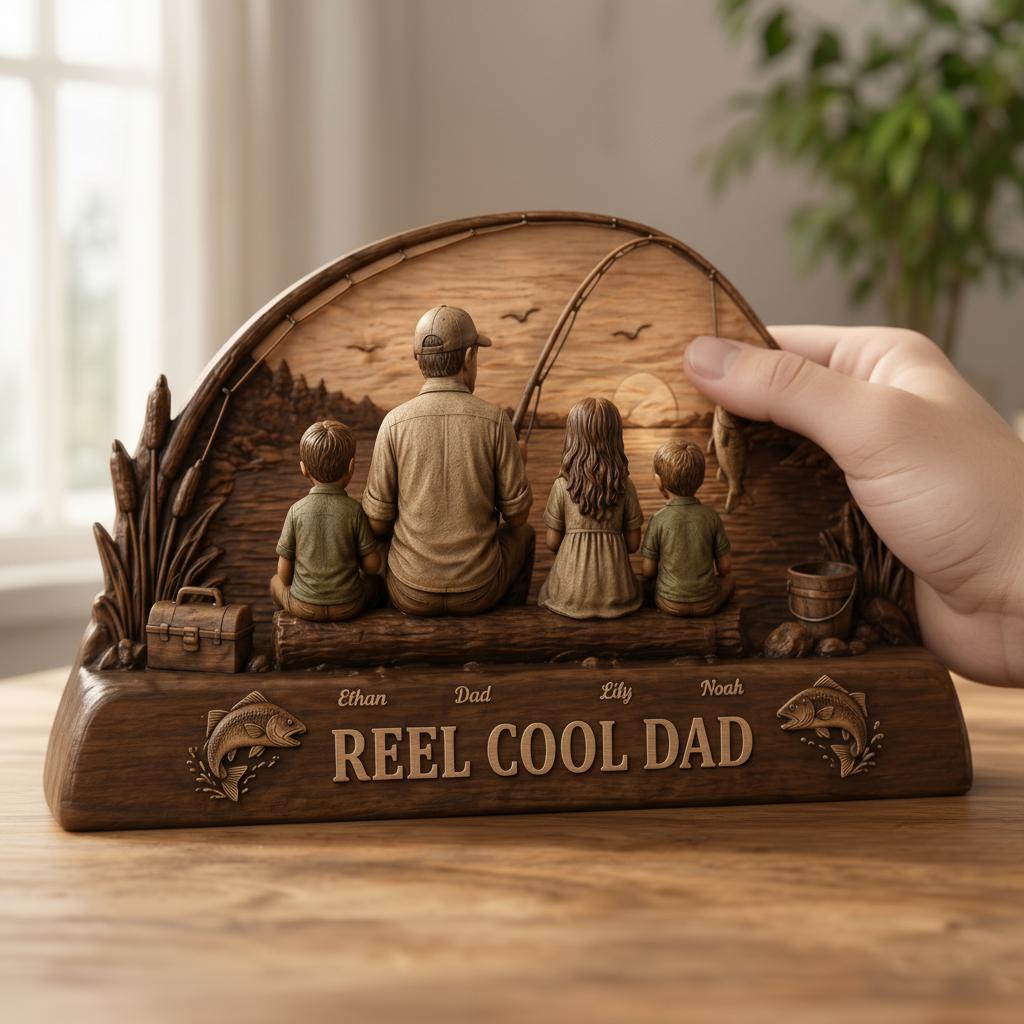 Personalized Reel Cool Dad Fishing Lover Wooden Sculpture Custom Kid Name Father's Day 2D Flat Block Fishing Dad Gift Idea for New Dad Decor