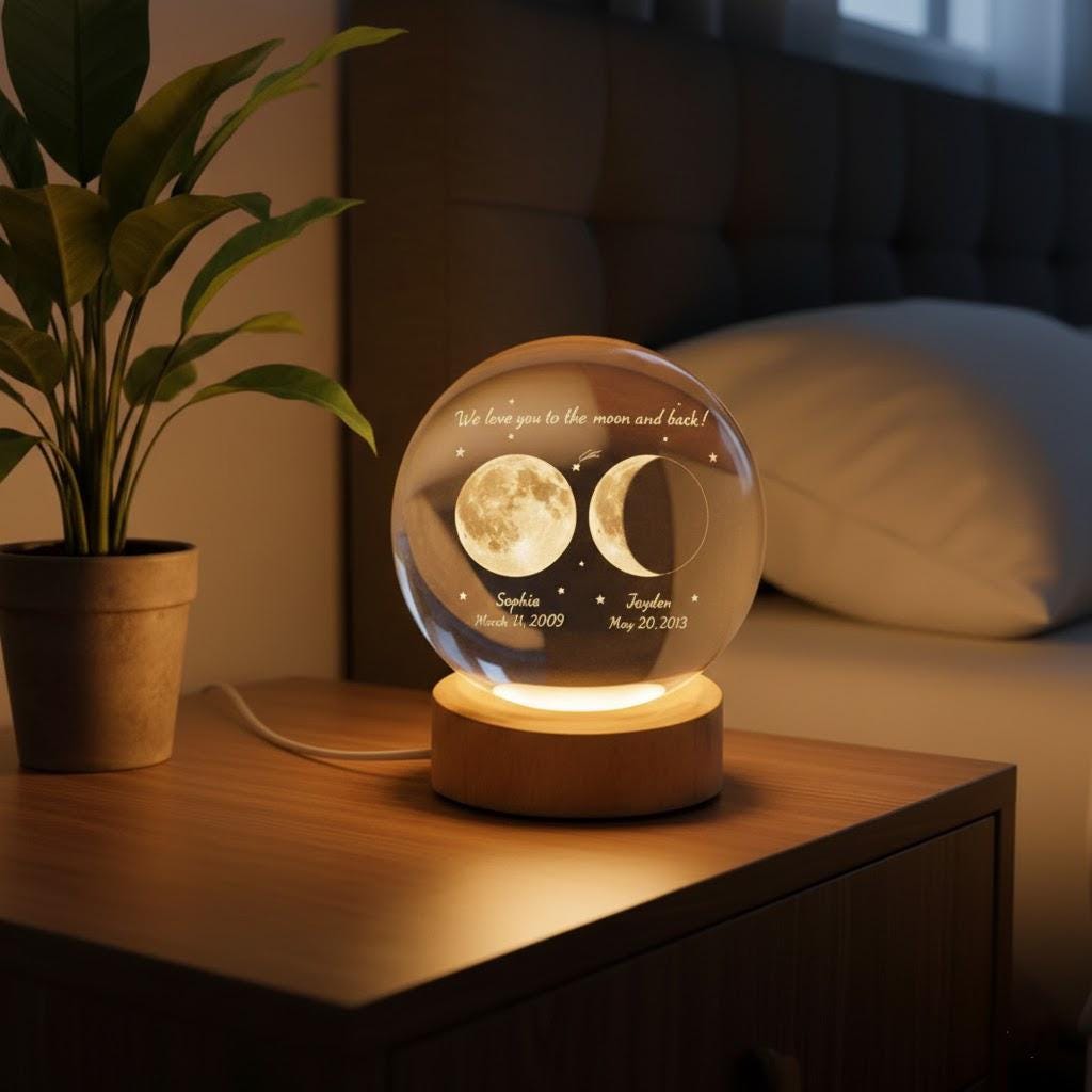 Personalized Moon Phase Kids Name Crystal Ball LED Night Light, Custom Moon Phase Lamp, Mother’s Day Gift, Children Name Keepsake Decor