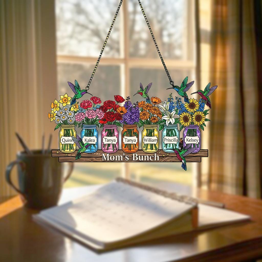 Personalized Mother's Day Suncatcher, Custom Birth Flower, Mom’s Bunch Gift, Mason Jar Window Hanging, Mother's Day Gift, Nana's Blessings